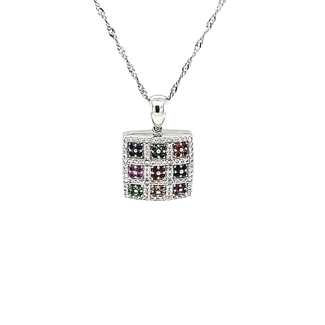 18K White Gold Necklace & Diamond, Multi Coloured Created Sapphire ...