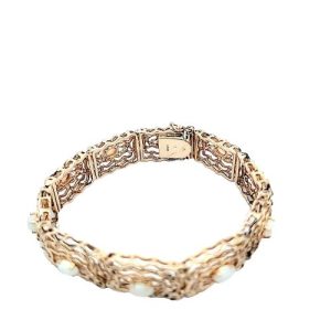 14K Yellow Gold 7.5″ Filigree Tennis Bracelet w/10 Oval Opals