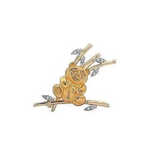 24K Gold Panda/18K Yellow Gold Bamboo Brooch w/10 Diamond Accents