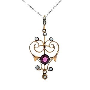 Antique 9K Yellow Gold Art Nouveau Seed Pearl & Garnet Dangle Pendant