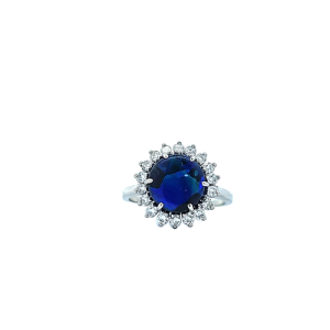 14K White Gold Ring w/ 1.12CT Round Black Opal & 18 RBC Diamond Halo