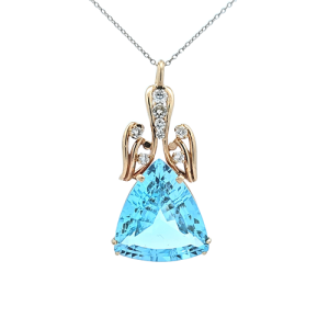 14K Yellow Gold Pendant w/ 32.13CT Triangle Cut Blue Topaz & 8 RBC Diamonds