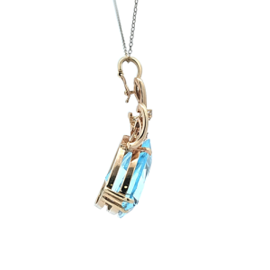 14K Yellow Gold Pendant w/ 32.13CT Triangle Cut Blue Topaz & 8 RBC Diamonds