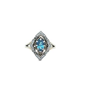 Enchanted Disney 10K Yellow Gold Aladdin Pear Shape Swiss Blue Topaz & Diamond Framed Ring