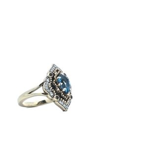 Enchanted Disney 10K Yellow Gold Aladdin Pear Shape Swiss Blue Topaz & Diamond Framed Ring