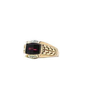 10K Yellow Gold Ring w/ 10x7mm Barrel Cut Garnet & 6 Diamond Accents