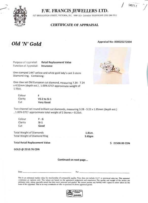 14K Yellow Gold Engagement Ring w/ 1.55CT OEC Diamond Centre & 2 Side Diamonds - Image 5