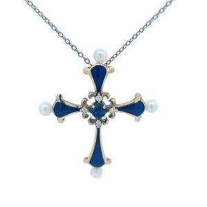 Franklin Mint Vintage Fabergé 14K Yellow Gold Blue Enamel, Sapphire, Diamond & Pearl Cross Pendant