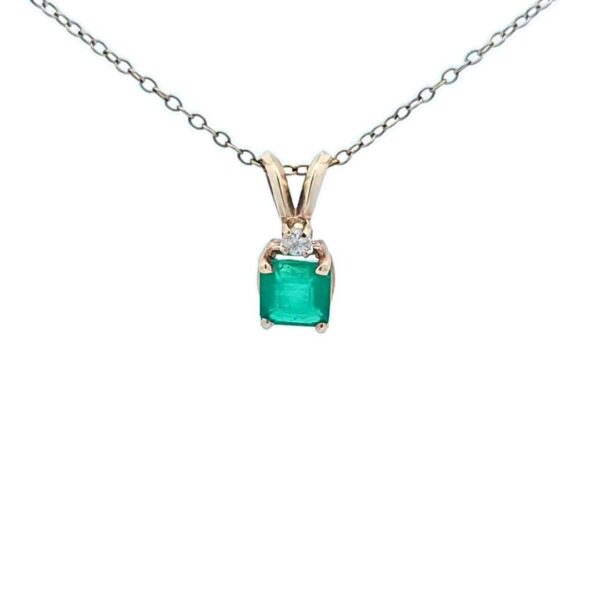 14K Yellow Gold Pendant w/One 5.5mm Square Cut Emerald & 1 RBC Diamond